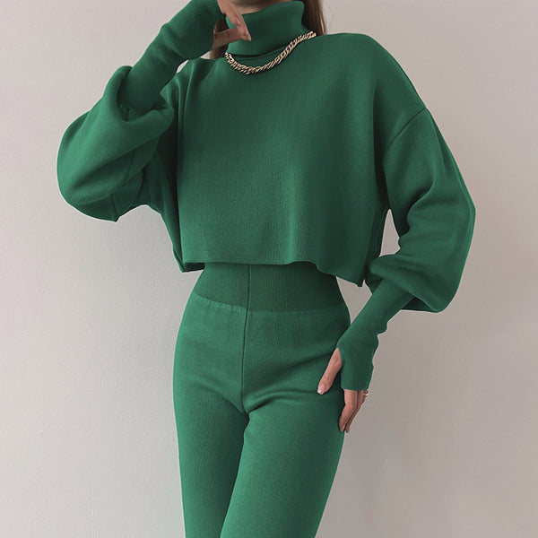 Female Casual Fashion Set | Turtleneck Loose Long Sleeve Top with trousers