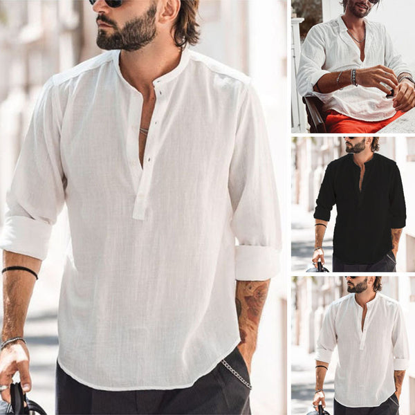Sharp & Effortless: Men's Long-Sleeve Button-Up Shirt with Stand Collar